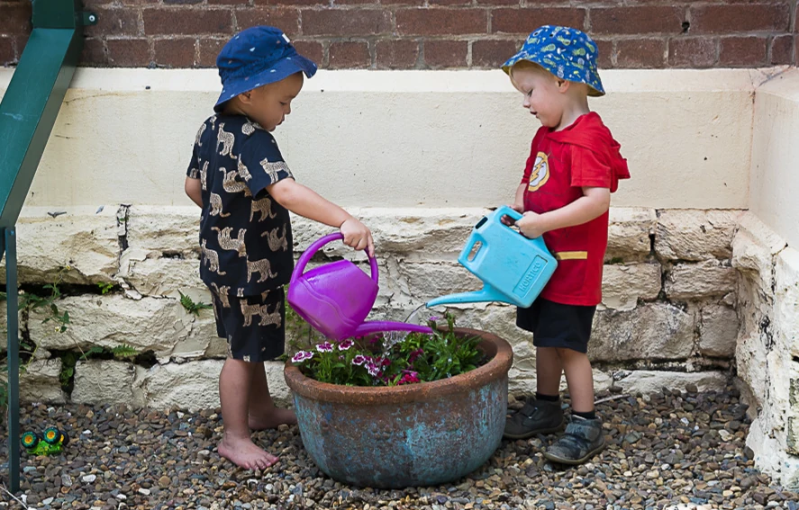 Two boys in sun hats watering a pot plant together beside a stone wall